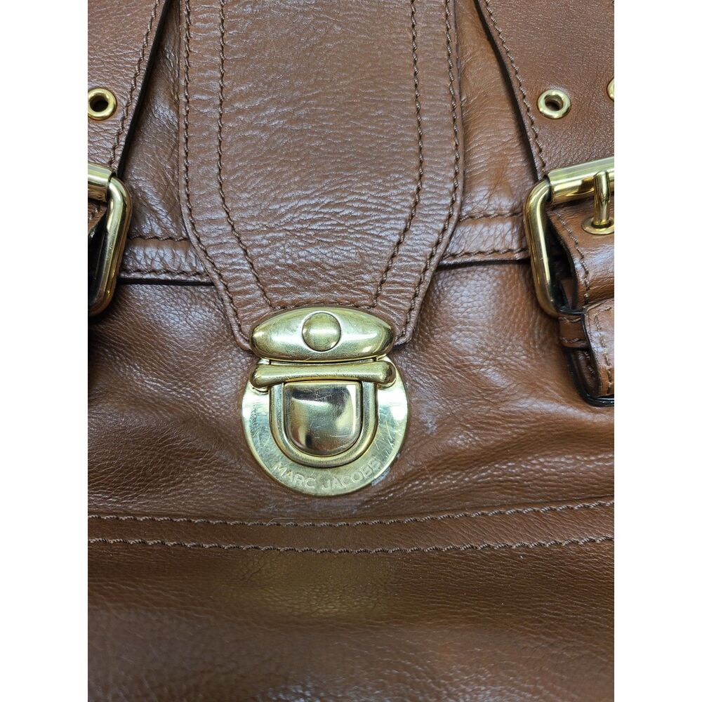 Marc Jacobs Brown Leather Satchel Bag Push Lock Top Handle Made in Italy - Picture 3 of 12